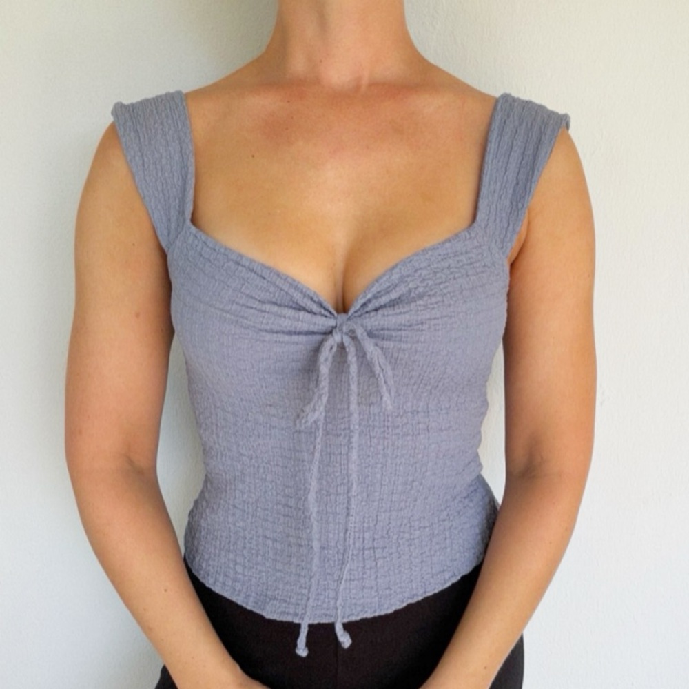 See You Monday blue sweetheart tie front crinkle gauze stretch tank top small